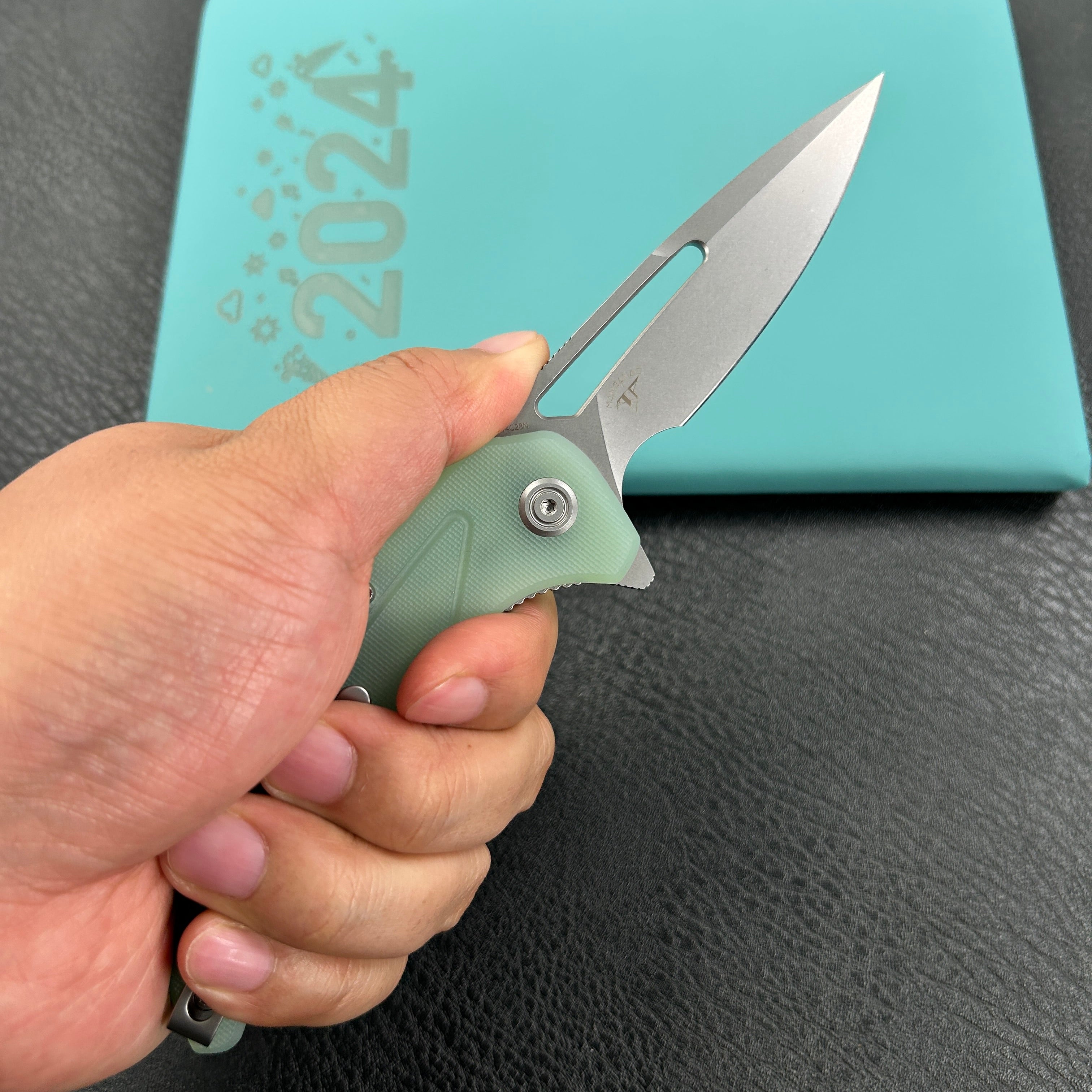 KUBEY  KU372B Nautilus Flipper Knife Jade G10 Handle 3.46" Silver Sandblast 14C28N