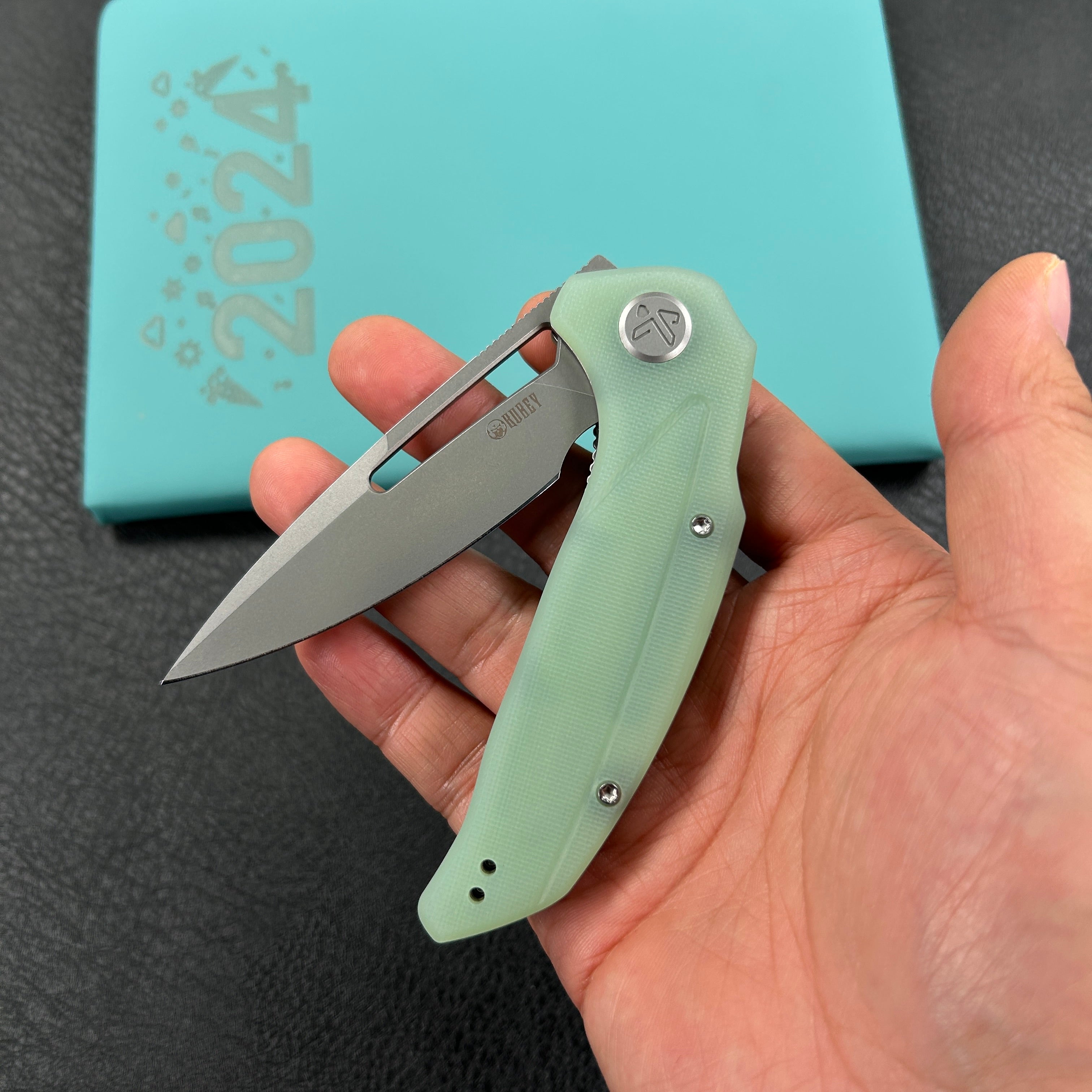 KUBEY  KU372B Nautilus Flipper Knife Jade G10 Handle 3.46" Silver Sandblast 14C28N