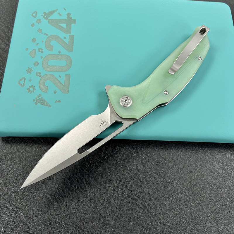 KUBEY  KU372B Nautilus Flipper Knife Jade G10 Handle 3.46" Silver Sandblast 14C28N