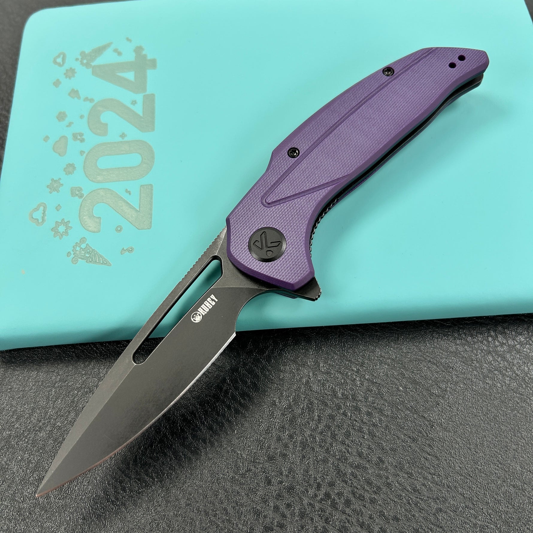 KUBEY  knife KU372A Nautilus Flipper Knife Purple G10 Handle 3.46" Silver Sandblast 14C28N