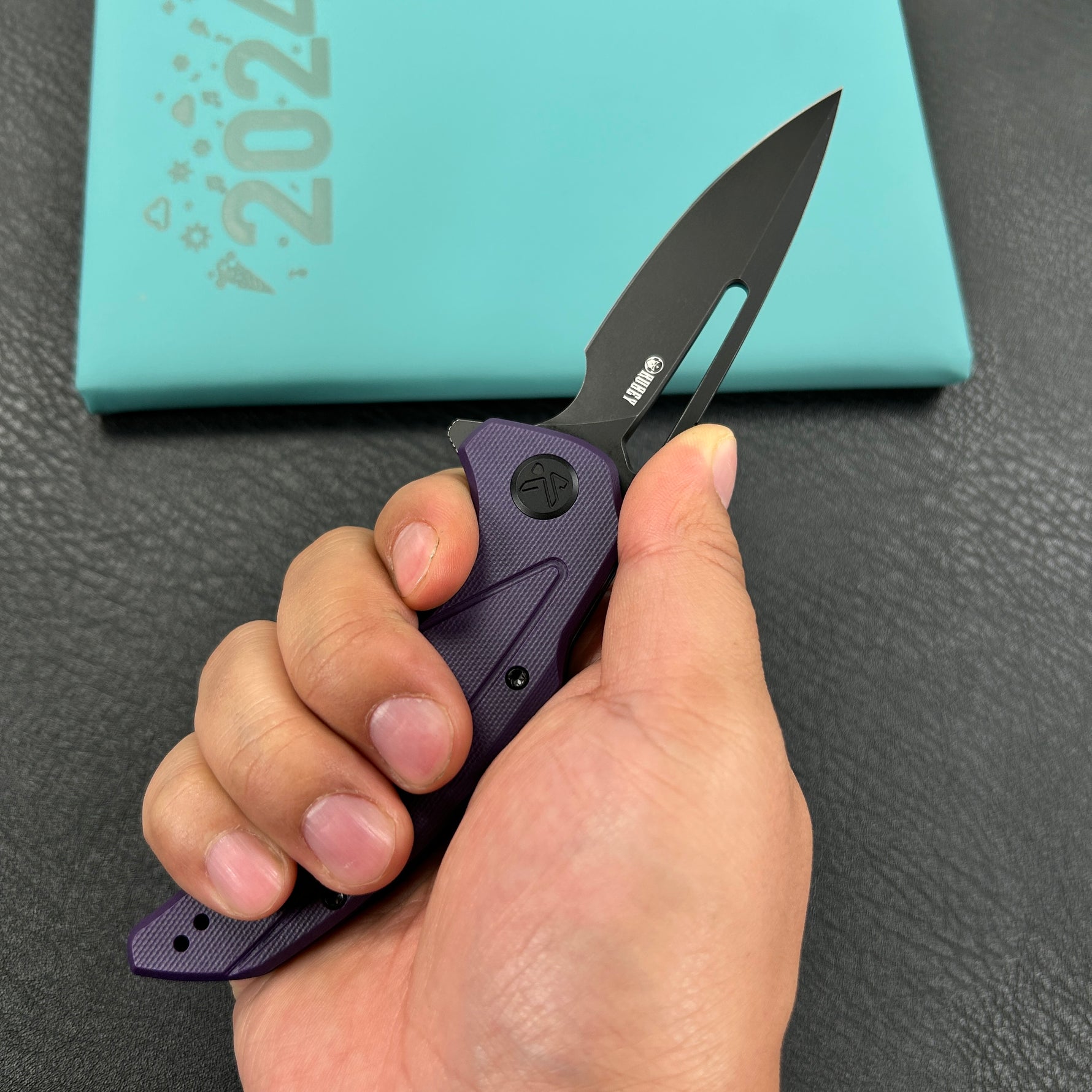 KUBEY  knife KU372A Nautilus Flipper Knife Purple G10 Handle 3.46" Silver Sandblast 14C28N
