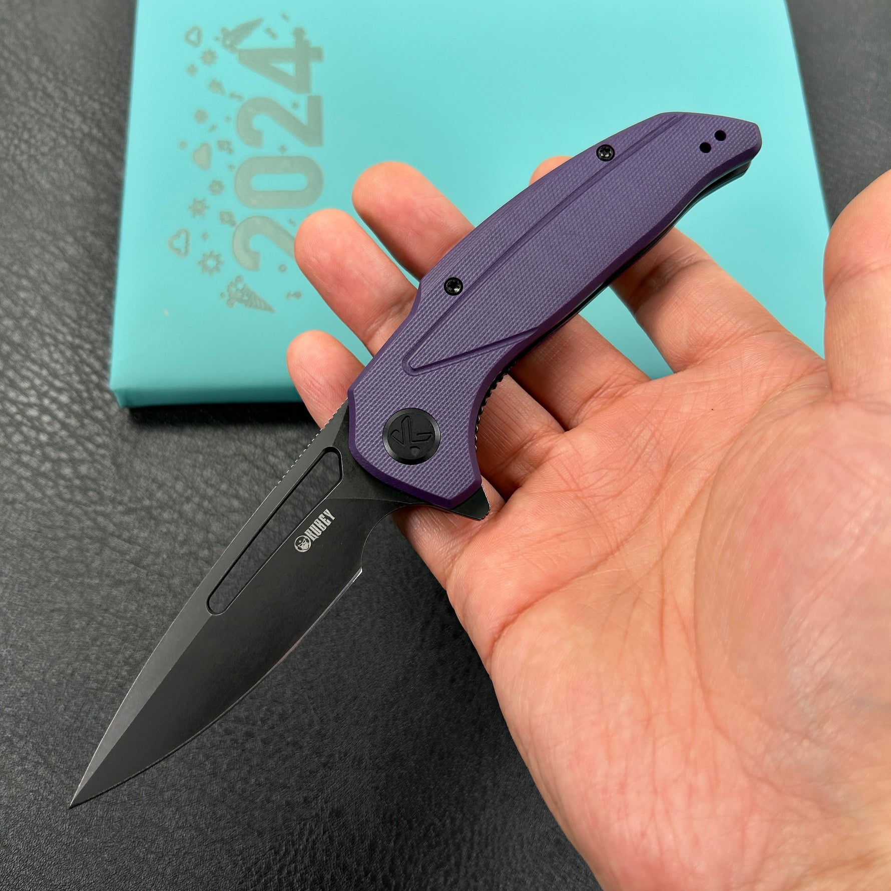 KUBEY  knife KU372A Nautilus Flipper Knife Purple G10 Handle 3.46" Silver Sandblast 14C28N