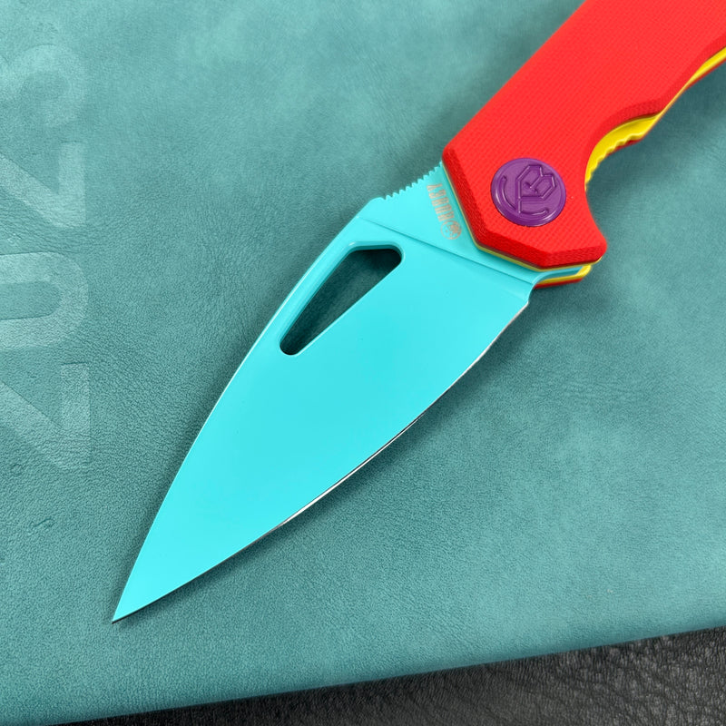 (Exclusives）KUBEY KU122  Liner Lock Thumb Open Folding Knife red G10 Handle 3.11" Blue Painted 14C28N