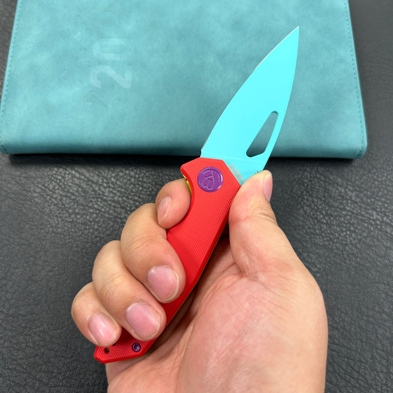(Exclusives）KUBEY KU122  Liner Lock Thumb Open Folding Knife red G10 Handle 3.11" Blue Painted 14C28N