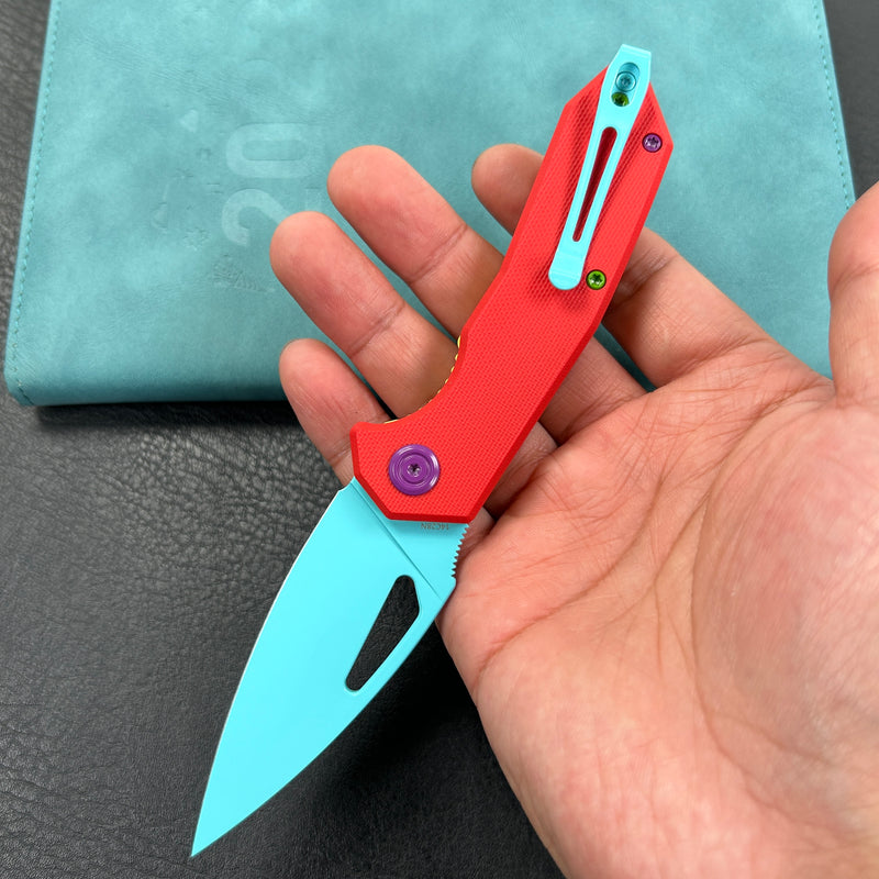 (Exclusives）KUBEY KU122  Liner Lock Thumb Open Folding Knife red G10 Handle 3.11" Blue Painted 14C28N