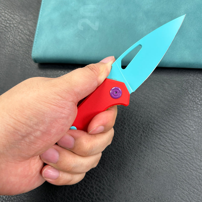(Exclusives）KUBEY KU122  Liner Lock Thumb Open Folding Knife red G10 Handle 3.11" Blue Painted 14C28N
