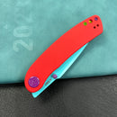(Exclusives ) KUBEY KU344  Momentum Sherif Manganas Design Liner Lock Front Flipper / Dual Studs Open Folding Knife  red G10 Handle 3.43" Blue Painted AUS-10