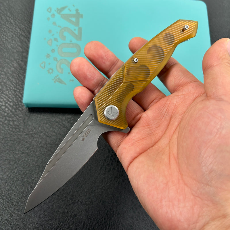 KUBEY KU373D RBC-1 Outdoor Flipper Knife Ultem Handle 3.46" Stonewash 14C28N