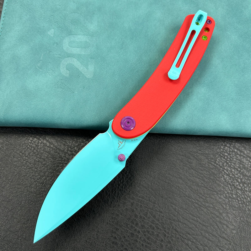 (Exclusives ) KUBEY KU344  Momentum Sherif Manganas Design Liner Lock Front Flipper / Dual Studs Open Folding Knife  red G10 Handle 3.43" Blue Painted AUS-10