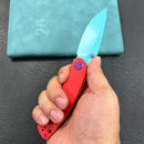 (Exclusives ) KUBEY KU344  Momentum Sherif Manganas Design Liner Lock Front Flipper / Dual Studs Open Folding Knife  red G10 Handle 3.43" Blue Painted AUS-10