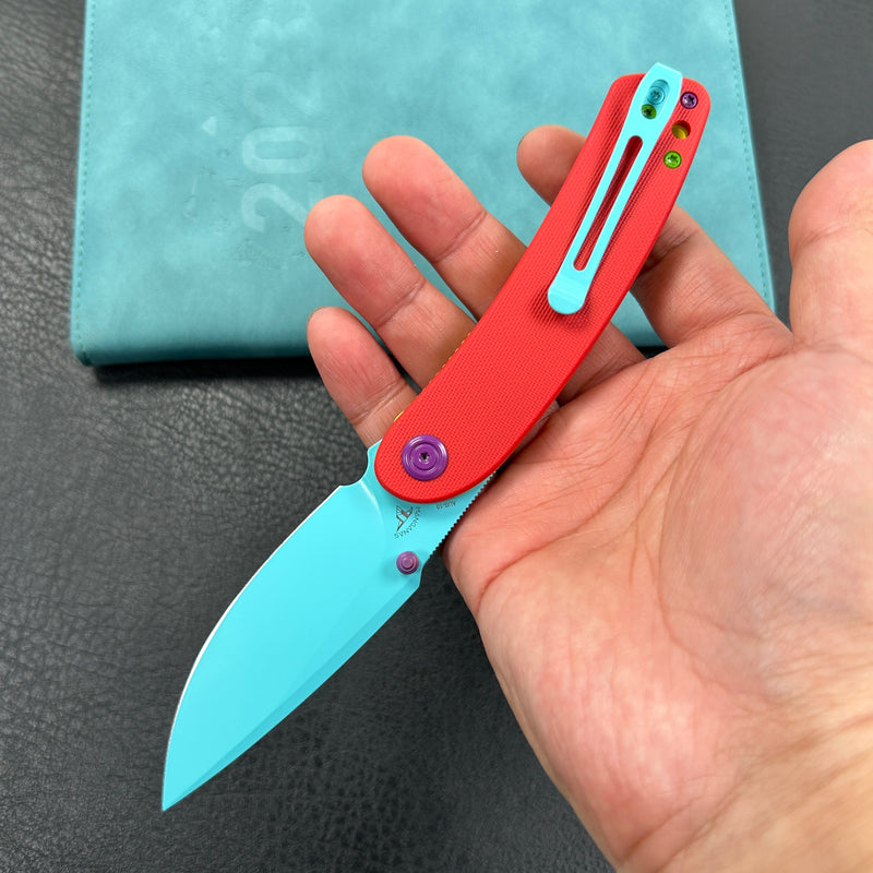 (Exclusives ) KUBEY KU344  Momentum Sherif Manganas Design Liner Lock Front Flipper / Dual Studs Open Folding Knife  red G10 Handle 3.43" Blue Painted AUS-10