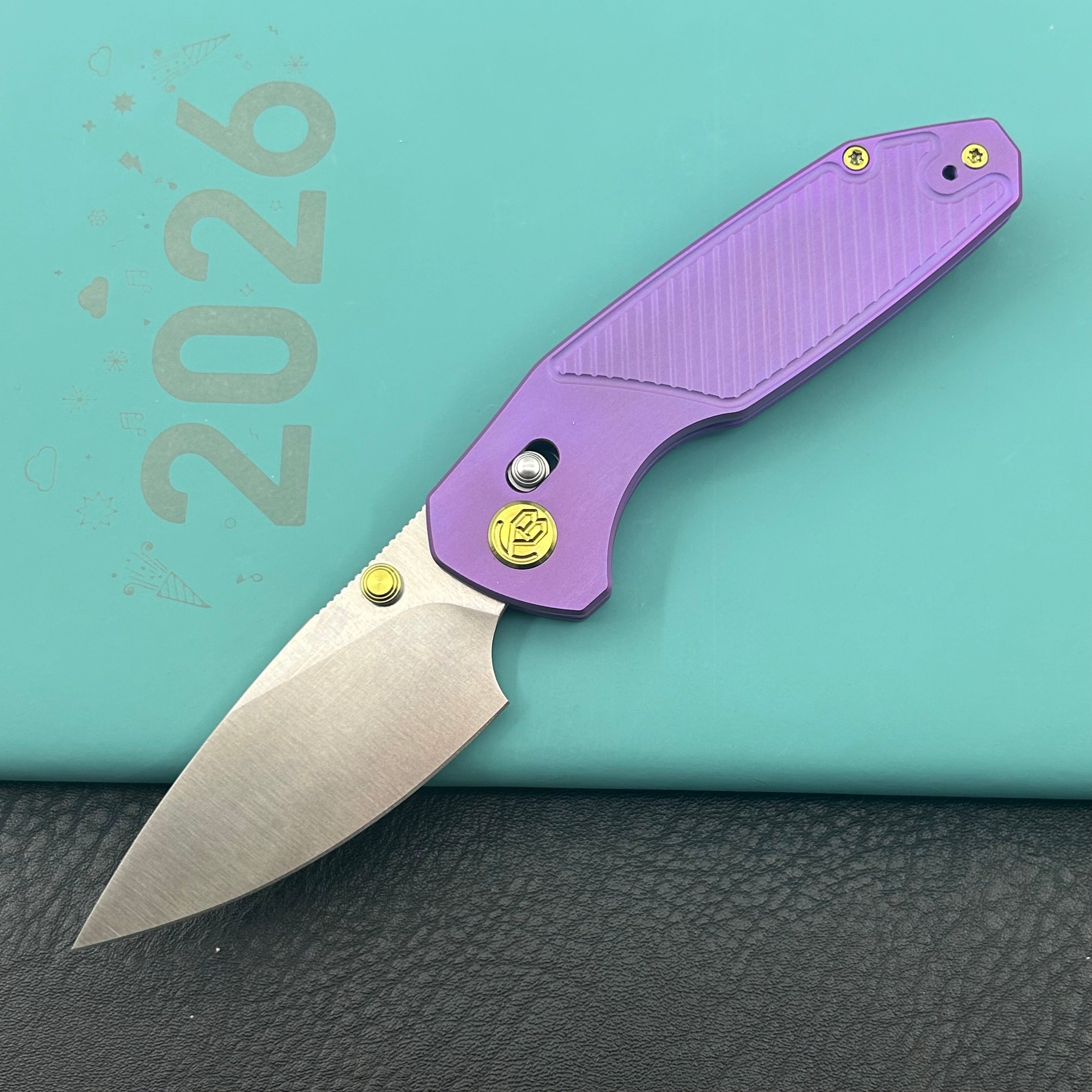 KB KNIVES KB488C Aero Air Pocket Knife Crossbar Lock Purple Ti Diagonal Milling 2.91" Satin M390 Blade