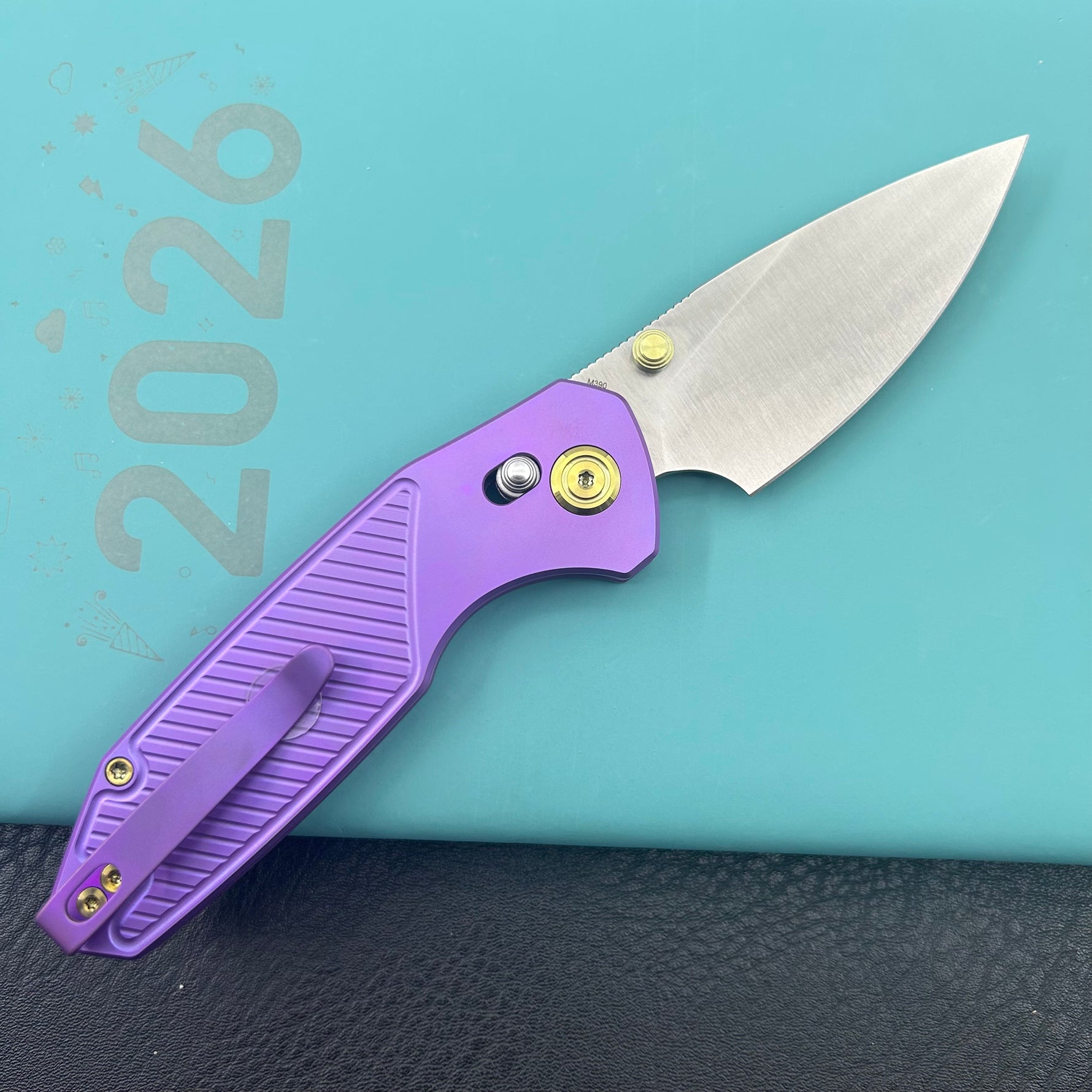 KB KNIVES KB488C Aero Air Pocket Knife Crossbar Lock Purple Ti Diagonal Milling 2.91" Satin M390 Blade