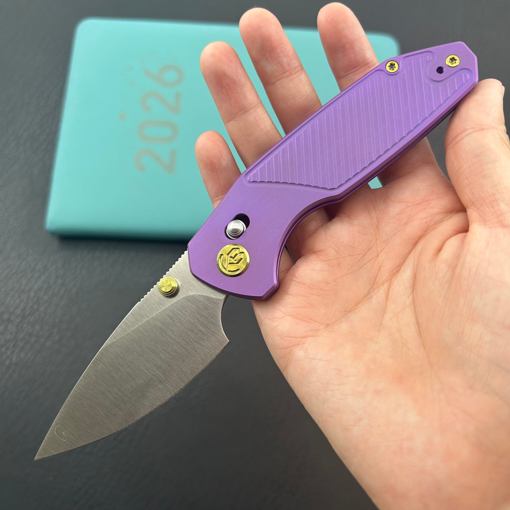 KB KNIVES KB488C Aero Air Pocket Knife Crossbar Lock Purple Ti Diagonal Milling 2.91" Satin M390 Blade