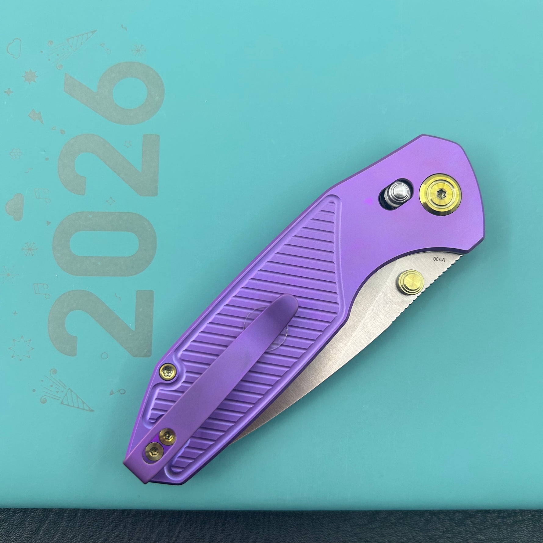 KB KNIVES KB488C Aero Air Pocket Knife Crossbar Lock Purple Ti Diagonal Milling 2.91" Satin M390 Blade