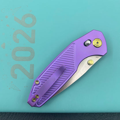 KB KNIVES KB488C Aero Air Pocket Knife Crossbar Lock Purple Ti Diagonal Milling 2.91" Satin M390 Blade