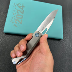 KUBEY KB340A Verijero Fronter Flipper Pocket Folding Knife Grey 6AL4V Titanium Handle 3.35" Belt Satin 14C28N