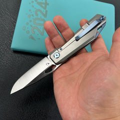 KUBEY KB340A Verijero Fronter Flipper Pocket Folding Knife Grey 6AL4V Titanium Handle 3.35" Belt Satin 14C28N