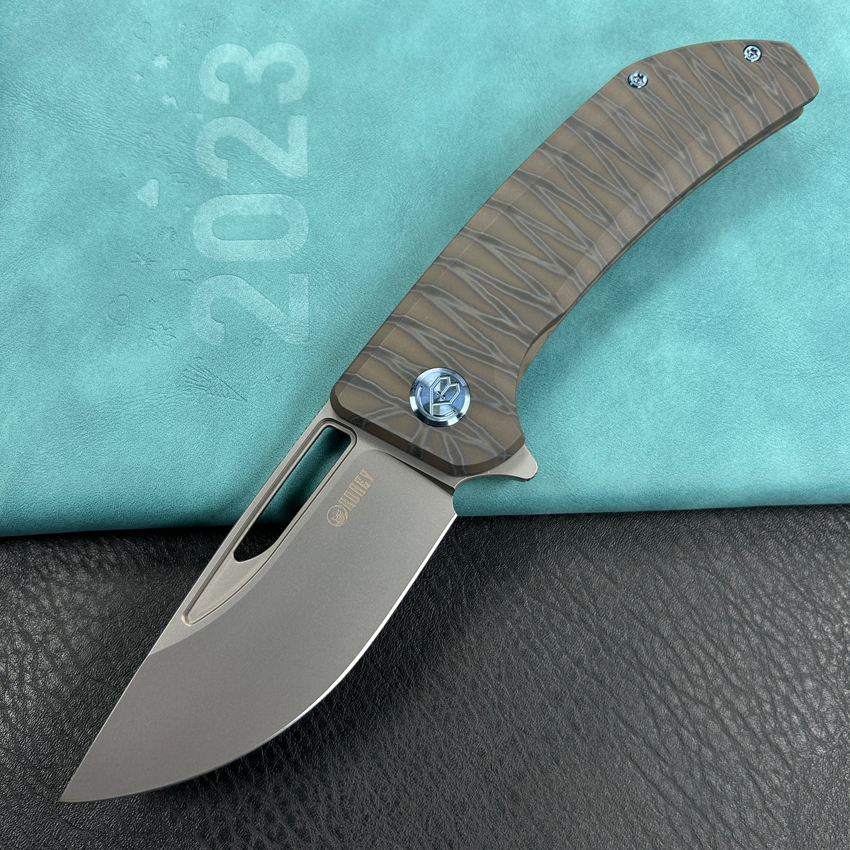 KUBEY KB368F  Hyperion Frame Lock Tactical Knife Tiger Stripe Pattern Flamed  6AL4V Titanium Handle 3.5" Sandblast CPM-S35VN