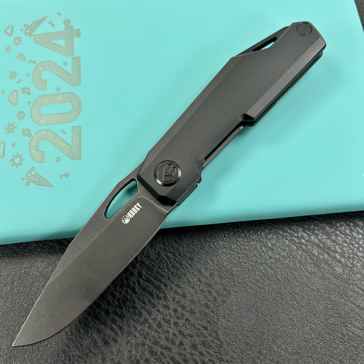 KUBEY KB340D Verijero Fronter Flipper Pocket Folding Knife Black Coating 6AL4V Titanium Handle 3.35" Blackwash 14C28N