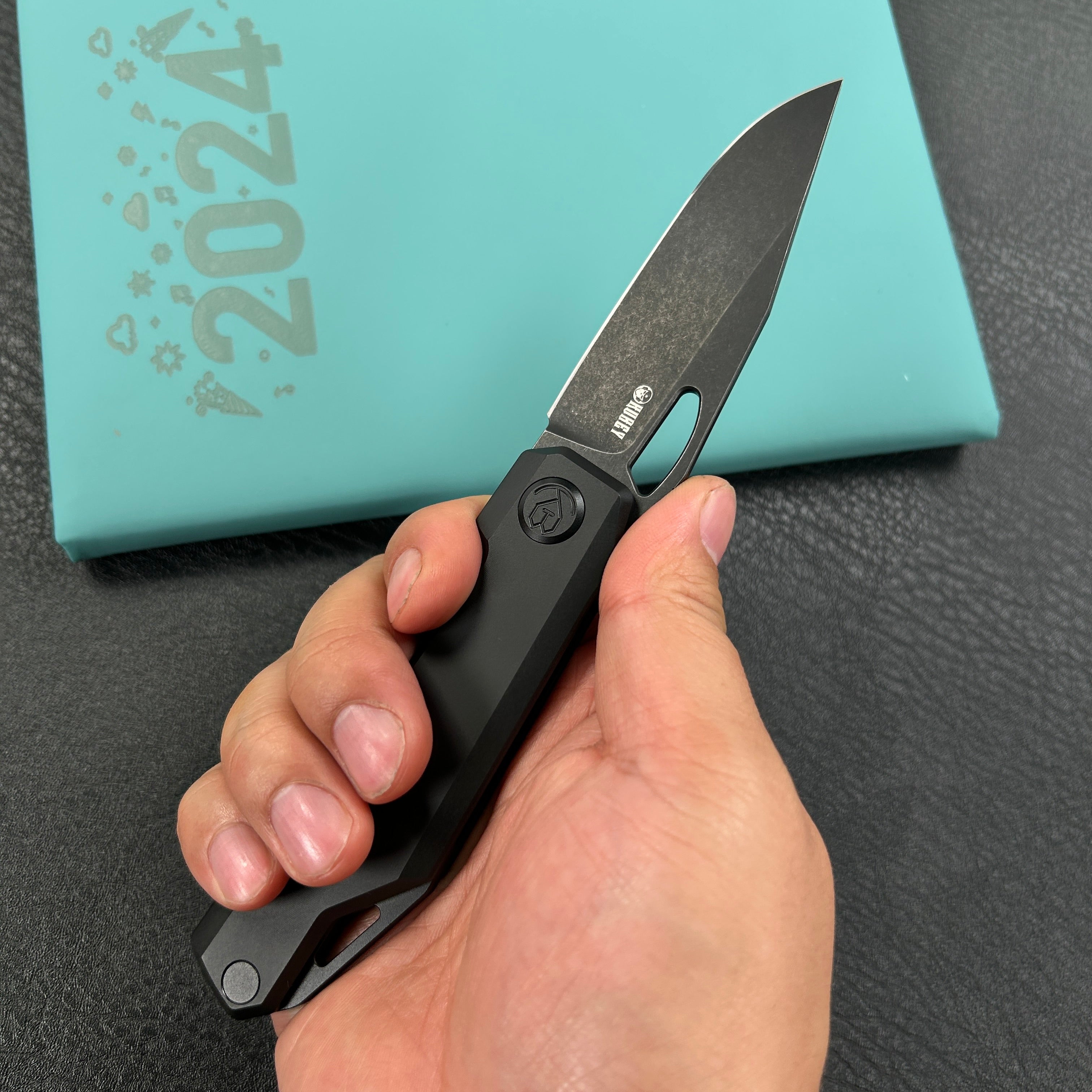 KUBEY KB340D Verijero Fronter Flipper Pocket Folding Knife Black Coating 6AL4V Titanium Handle 3.35" Blackwash 14C28N