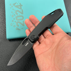 KUBEY KB340D Verijero Fronter Flipper Pocket Folding Knife Black Coating 6AL4V Titanium Handle 3.35" Blackwash 14C28N