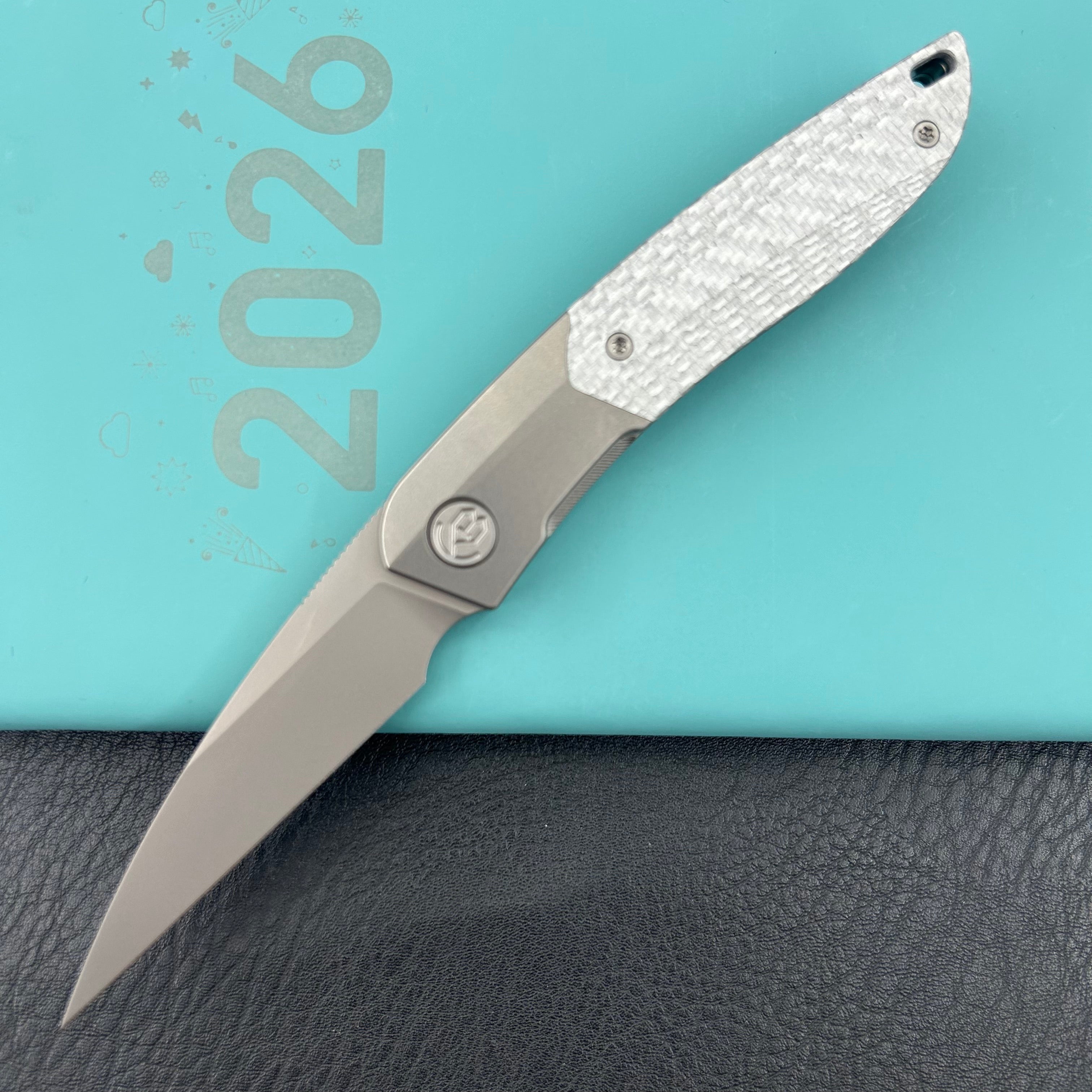 KB KNIVES KB406A Spike Folding Knife Grey Titanium with Twill CF inlay 3.11'' Beadblast M390