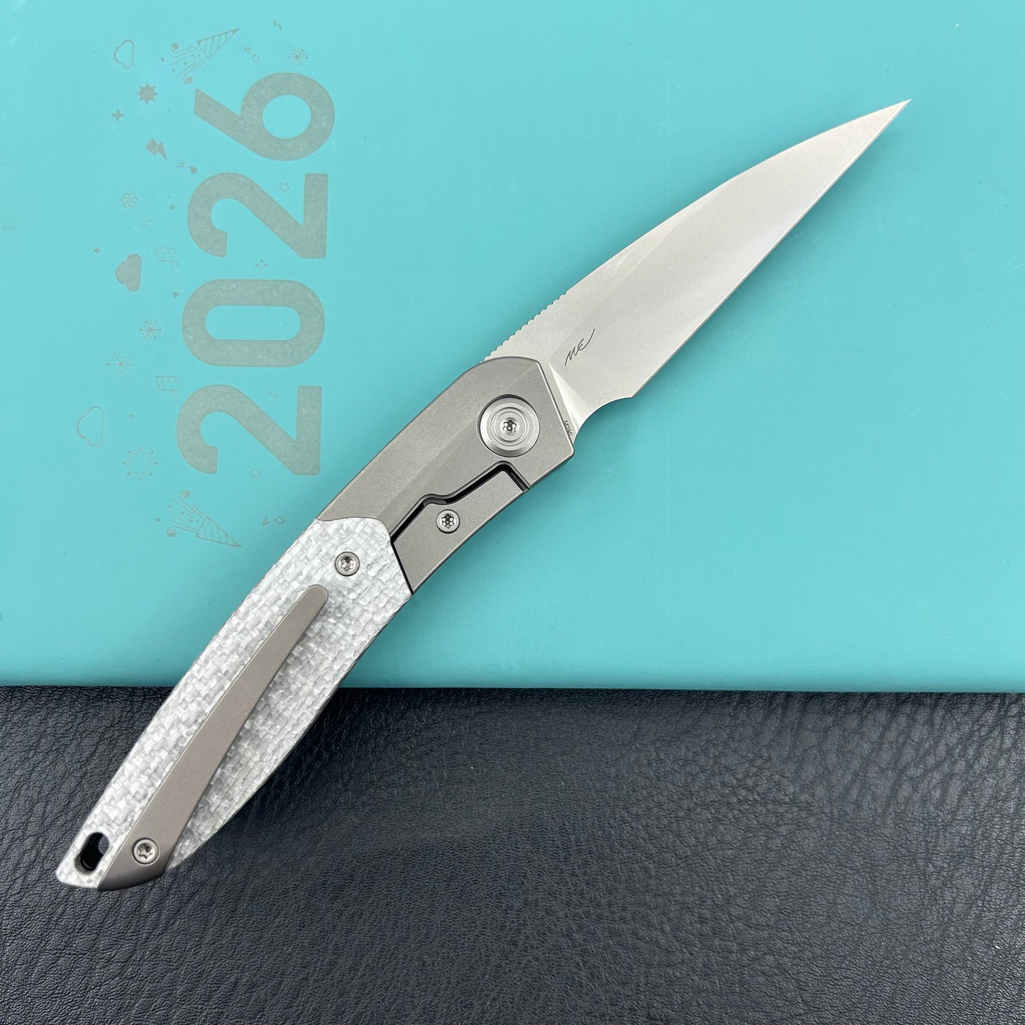 KB KNIVES KB406A Spike Folding Knife Grey Titanium with Twill CF inlay 3.11'' Beadblast M390