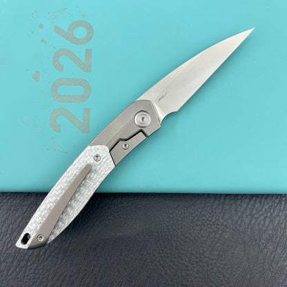 KB KNIVES KB406A Spike Folding Knife Grey Titanium with Twill CF inlay 3.11'' Beadblast M390