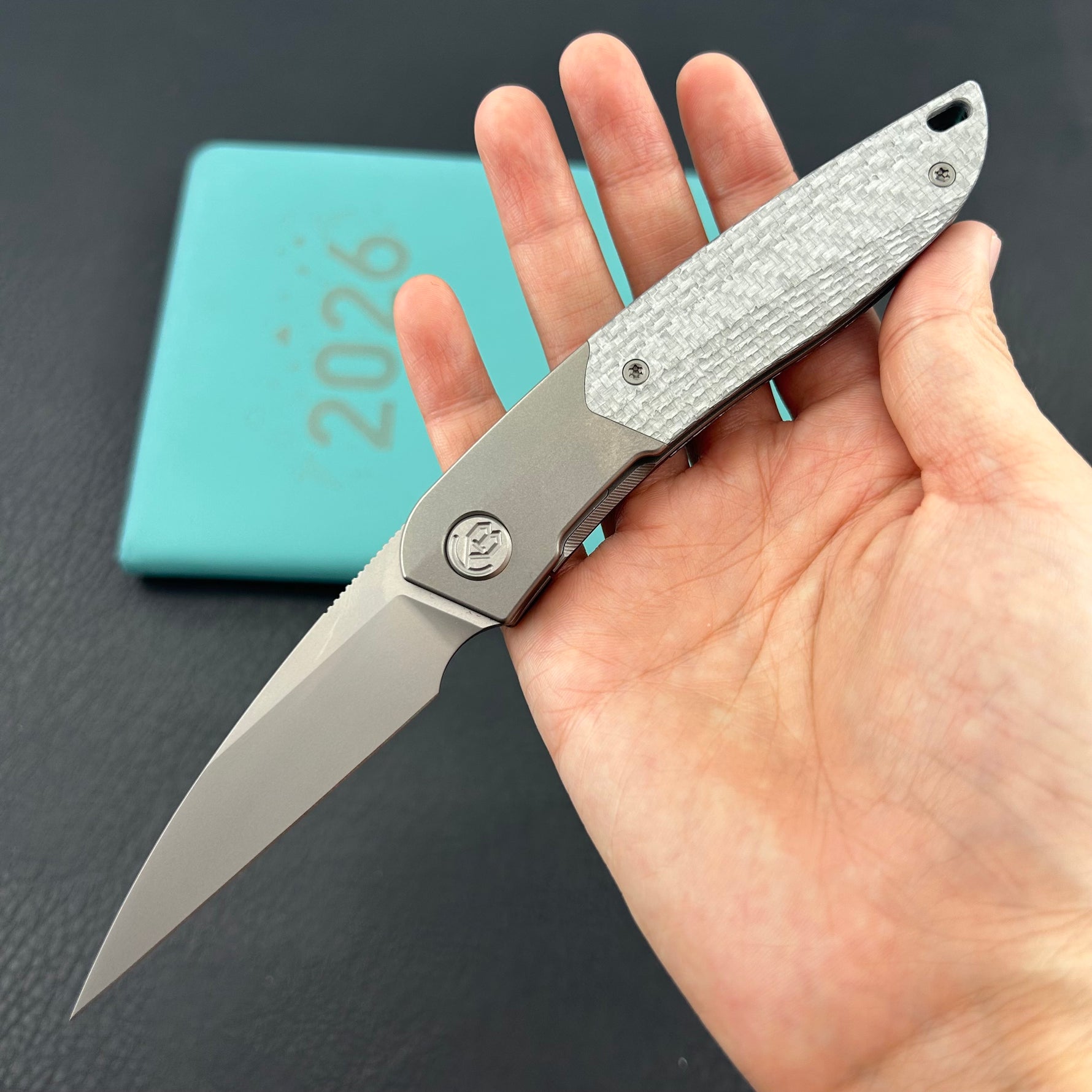 KB KNIVES KB406A Spike Folding Knife Grey Titanium with Twill CF inlay 3.11'' Beadblast M390