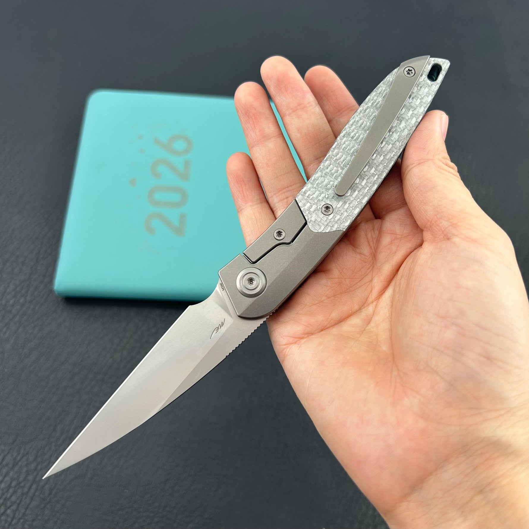 KB KNIVES KB406A Spike Folding Knife Grey Titanium with Twill CF inlay 3.11'' Beadblast M390