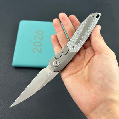 KB KNIVES KB406A Spike Folding Knife Grey Titanium with Twill CF inlay 3.11'' Beadblast M390