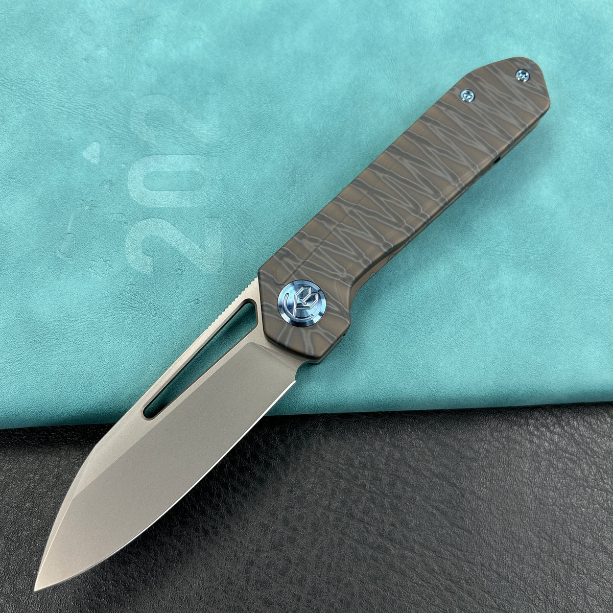 KUBEY KB321N Royal Frame Lock EDC Pocket Knife Front Flipper Flame  Tiger Stripe Pattern Flamed  6AL4V Titanium Handle 2.99" Sandblast Bohler M390