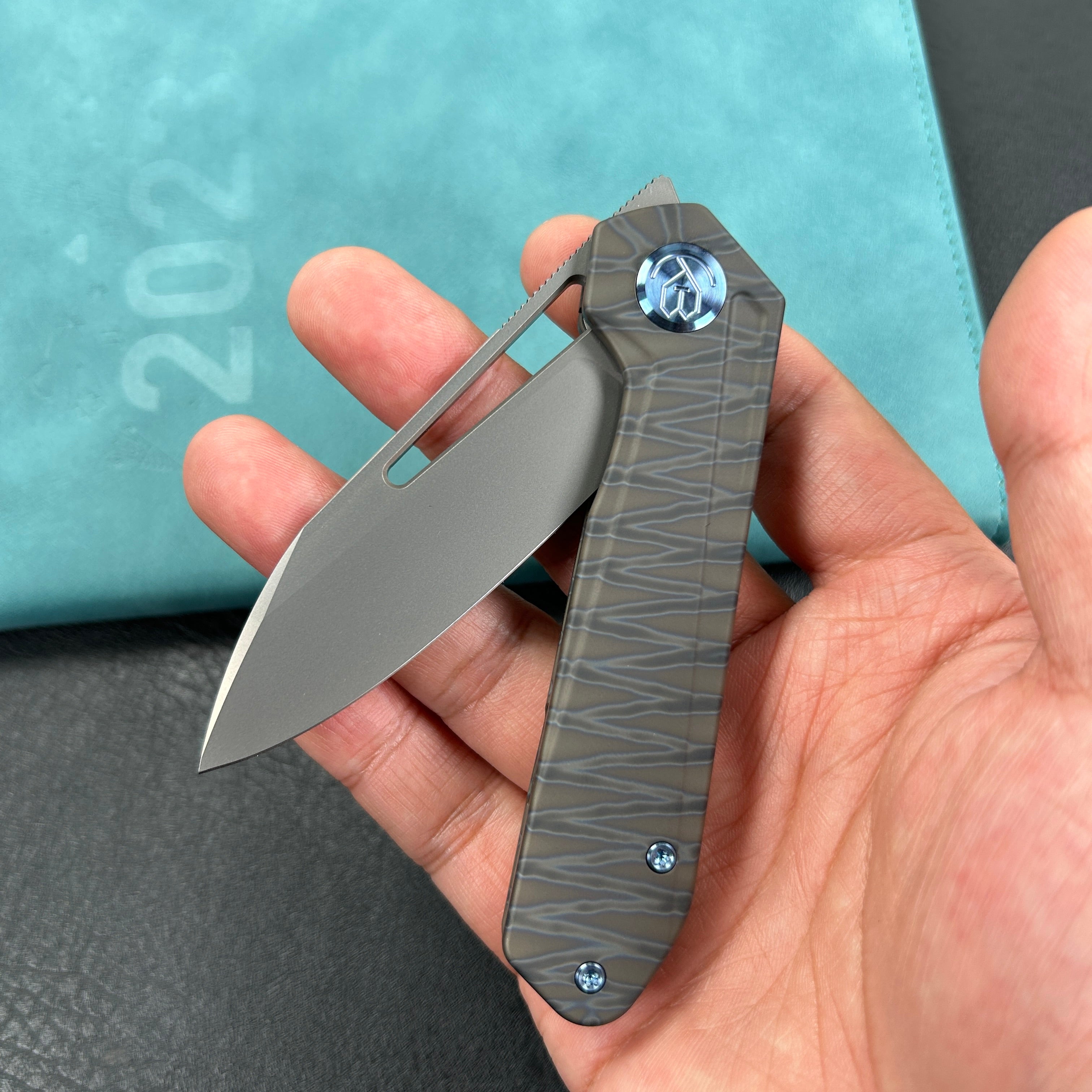 KUBEY KB321N Royal Frame Lock EDC Pocket Knife Front Flipper Flame  Tiger Stripe Pattern Flamed  6AL4V Titanium Handle 2.99" Sandblast Bohler M390