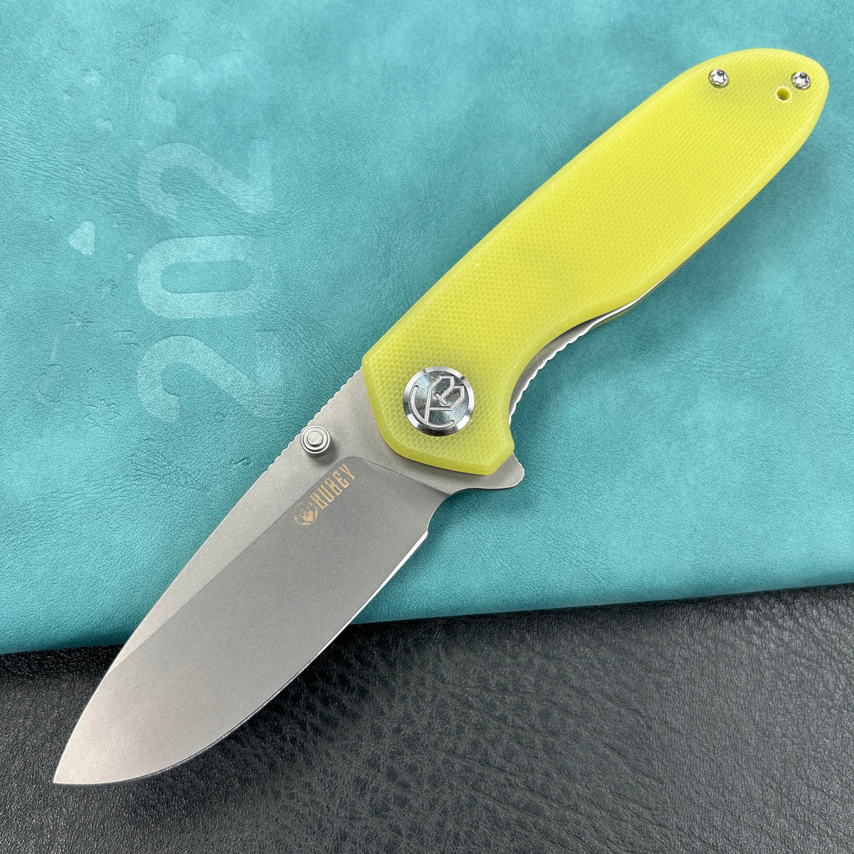 KUBEY KU342D Belus Thumb Stud Everyday Carry Pocket Knife yellow G10 Handle  2.95" Bead Blasted AUS-10 Blade