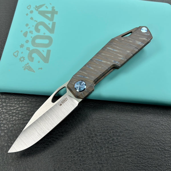 KUBEY KB340C Verijero Fronter Flipper Pocket Folding Knife Flame 6AL4V Titanium Handle 3.35" Belt Satin 14C28N