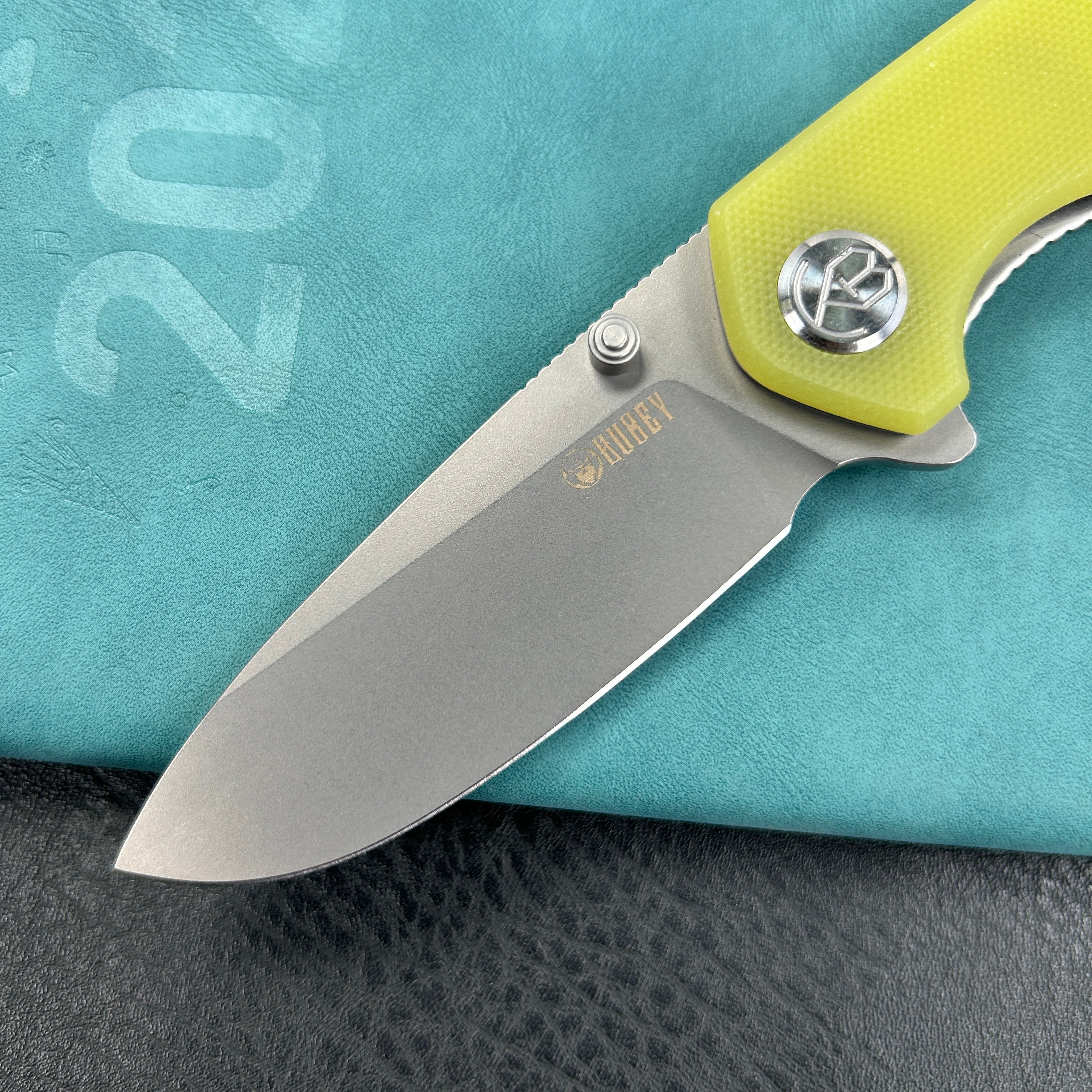 KUBEY KU342D Belus Thumb Stud Everyday Carry Pocket Knife yellow G10 Handle  2.95" Bead Blasted AUS-10 Blade