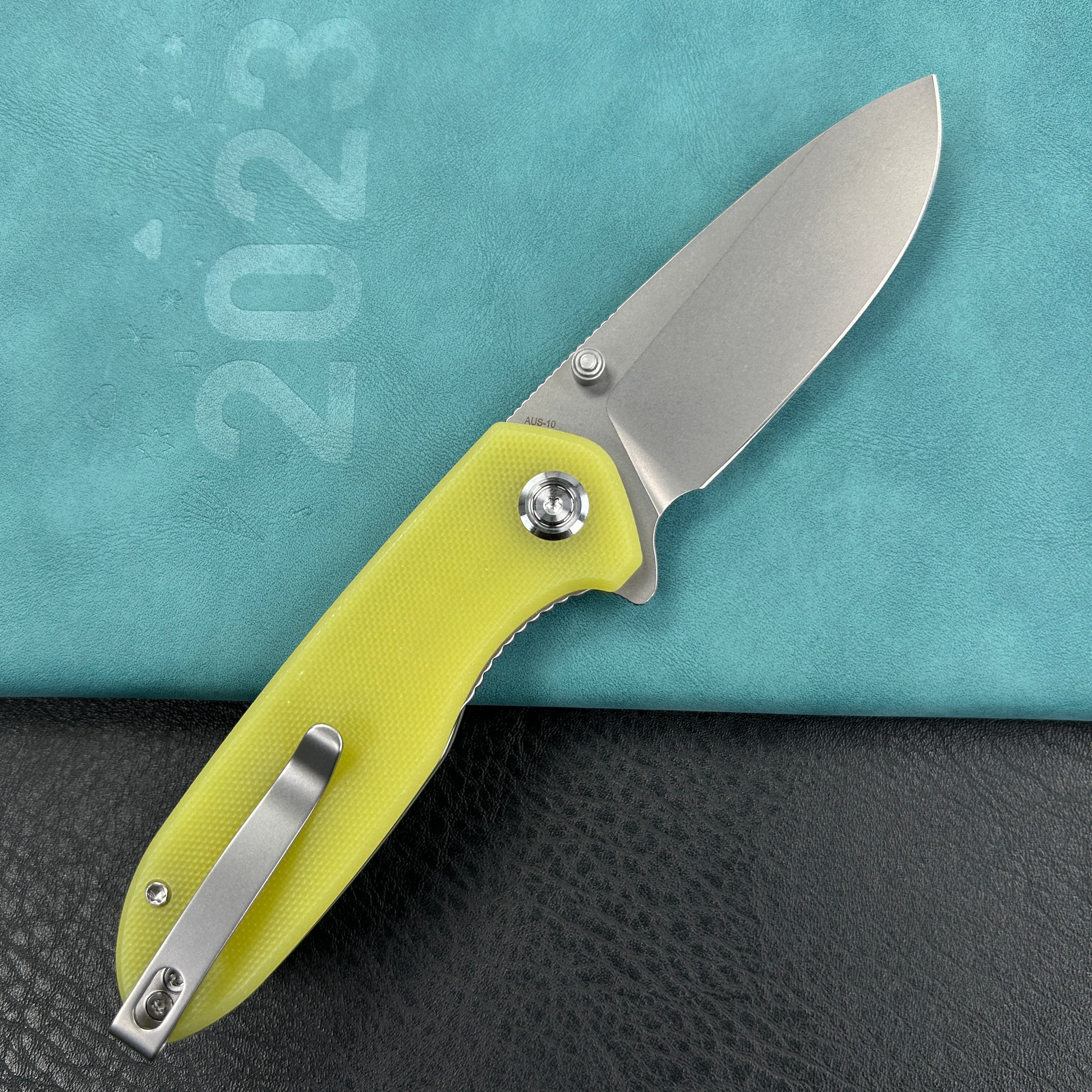 KUBEY KU342D Belus Thumb Stud Everyday Carry Pocket Knife yellow G10 Handle  2.95" Bead Blasted AUS-10 Blade