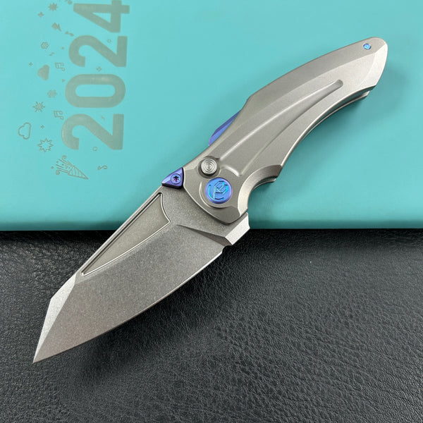 KB Knives KB400A Jake Hoback Design Sumo Button Lock Folding Knife Gray Titanium Handle 3.15" Stonewash CPM 20CV Blade