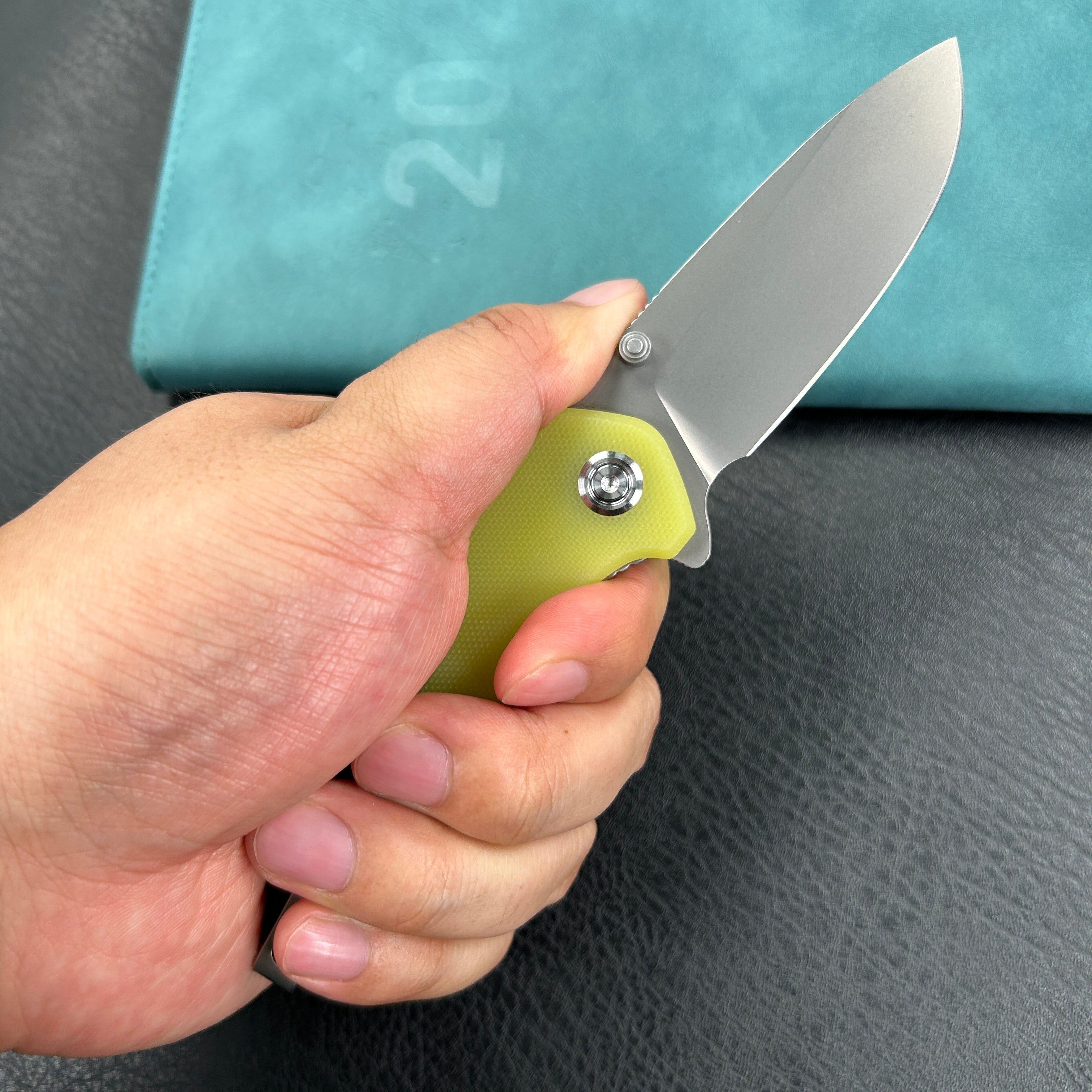 KUBEY KU342D Belus Thumb Stud Everyday Carry Pocket Knife yellow G10 Handle  2.95" Bead Blasted AUS-10 Blade