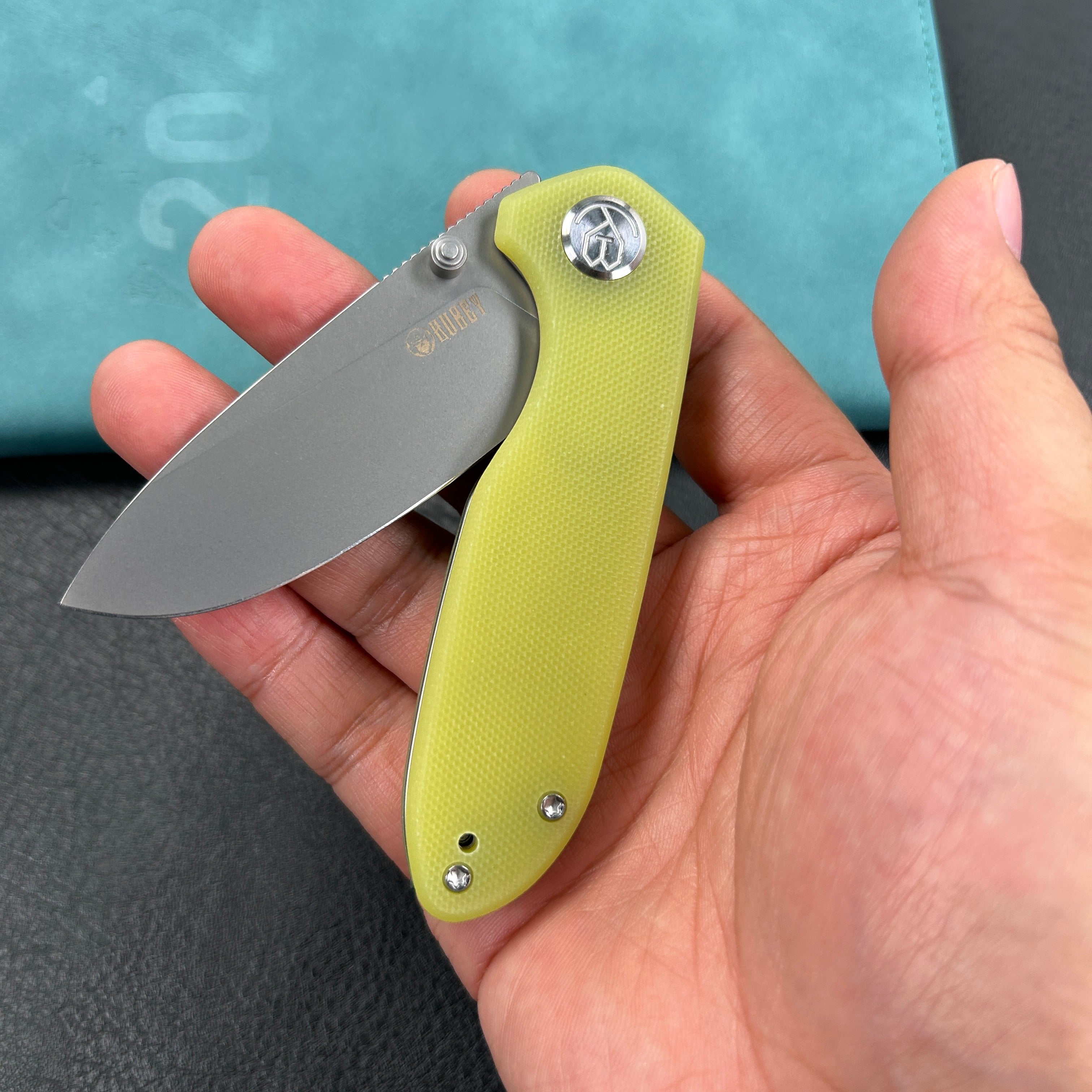 KUBEY KU342D Belus Thumb Stud Everyday Carry Pocket Knife yellow G10 Handle  2.95" Bead Blasted AUS-10 Blade