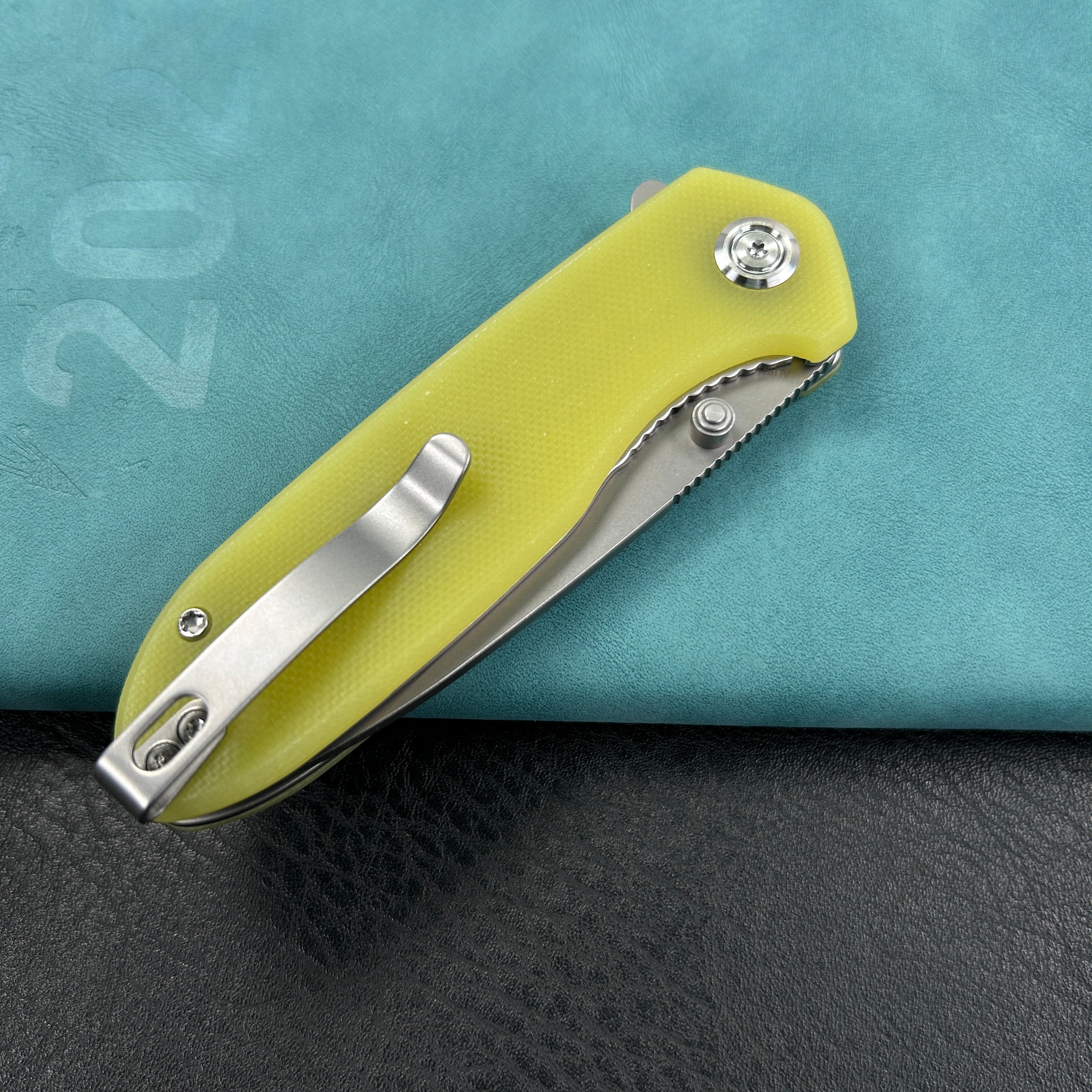 KUBEY KU342D Belus Thumb Stud Everyday Carry Pocket Knife yellow G10 Handle  2.95" Bead Blasted AUS-10 Blade