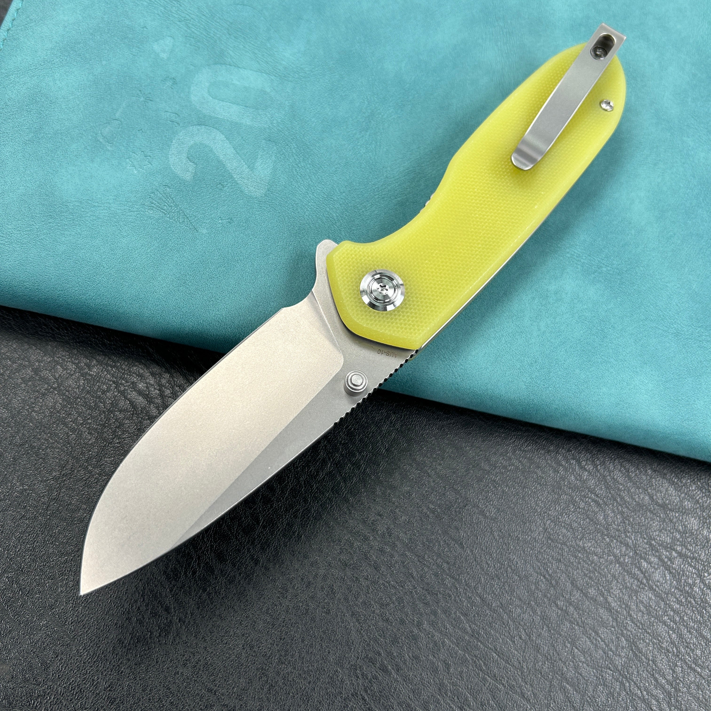 KUBEY KU342D Belus Thumb Stud Everyday Carry Pocket Knife yellow G10 Handle  2.95" Bead Blasted AUS-10 Blade