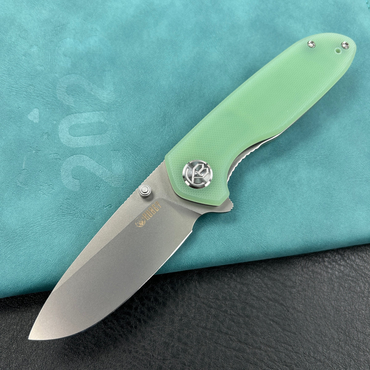 KUBEY KU342F Belus Thumb Stud Everyday Carry Pocket Knife Jade G10 Handle 2.95" Bead Blasted AUS-10 Blade