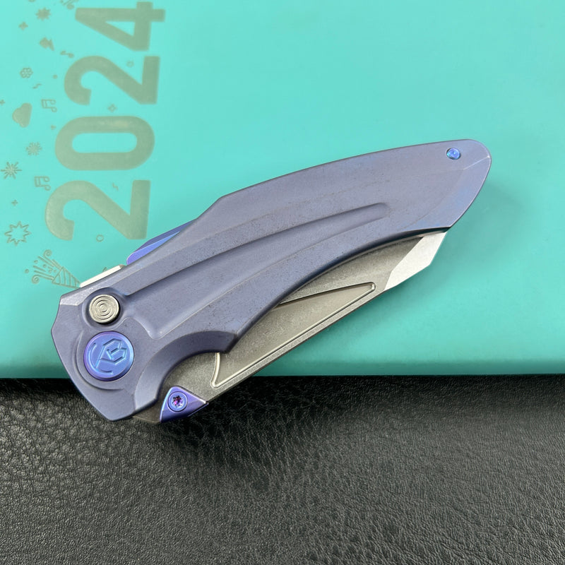 KB Knives KB400C Jake Hoback Design Sumo Button Lock Folding Knife Blue Titanium Handle 3.15" Stonewash CPM 20CV Blade