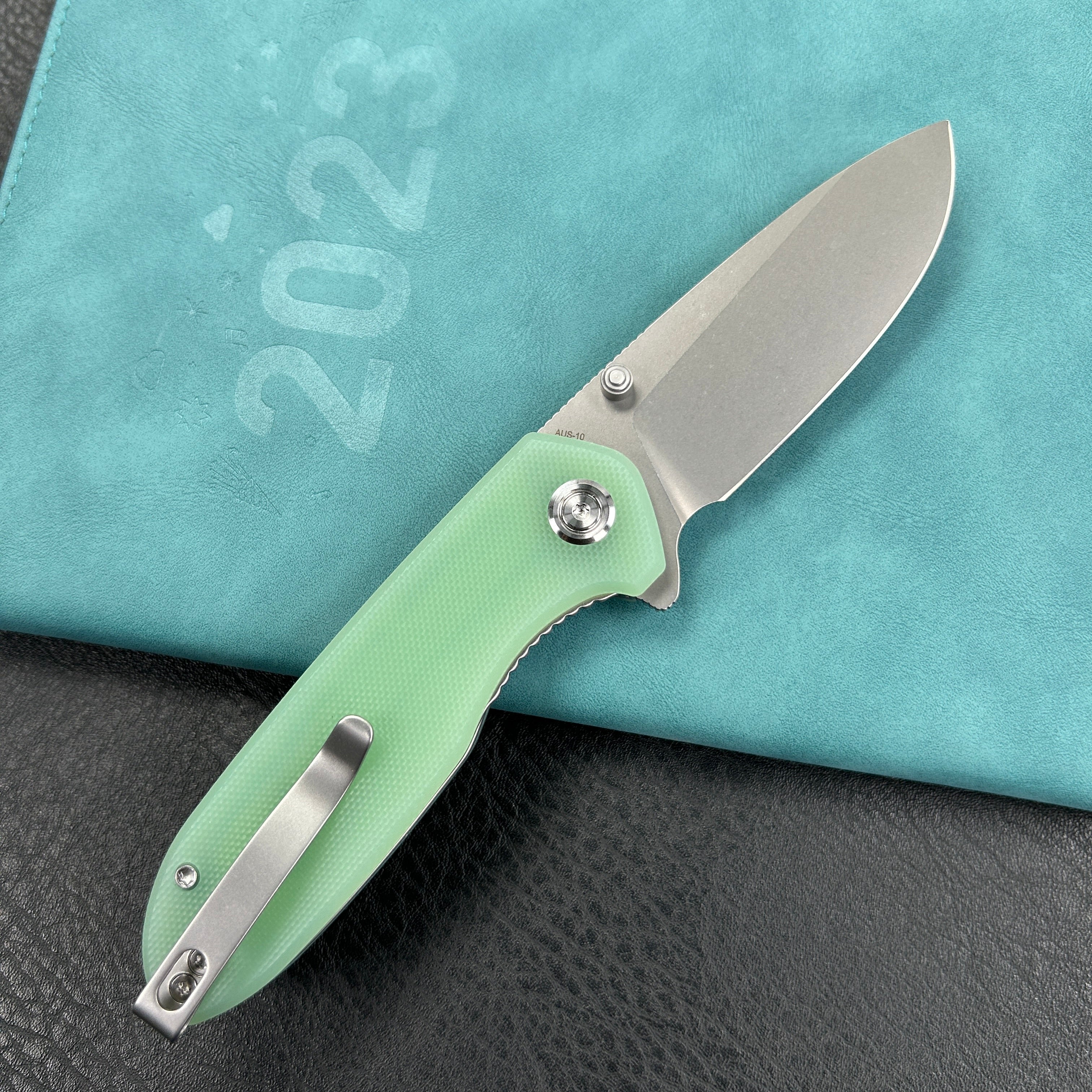 KUBEY KU342F Belus Thumb Stud Everyday Carry Pocket Knife Jade G10 Handle 2.95" Bead Blasted AUS-10 Blade