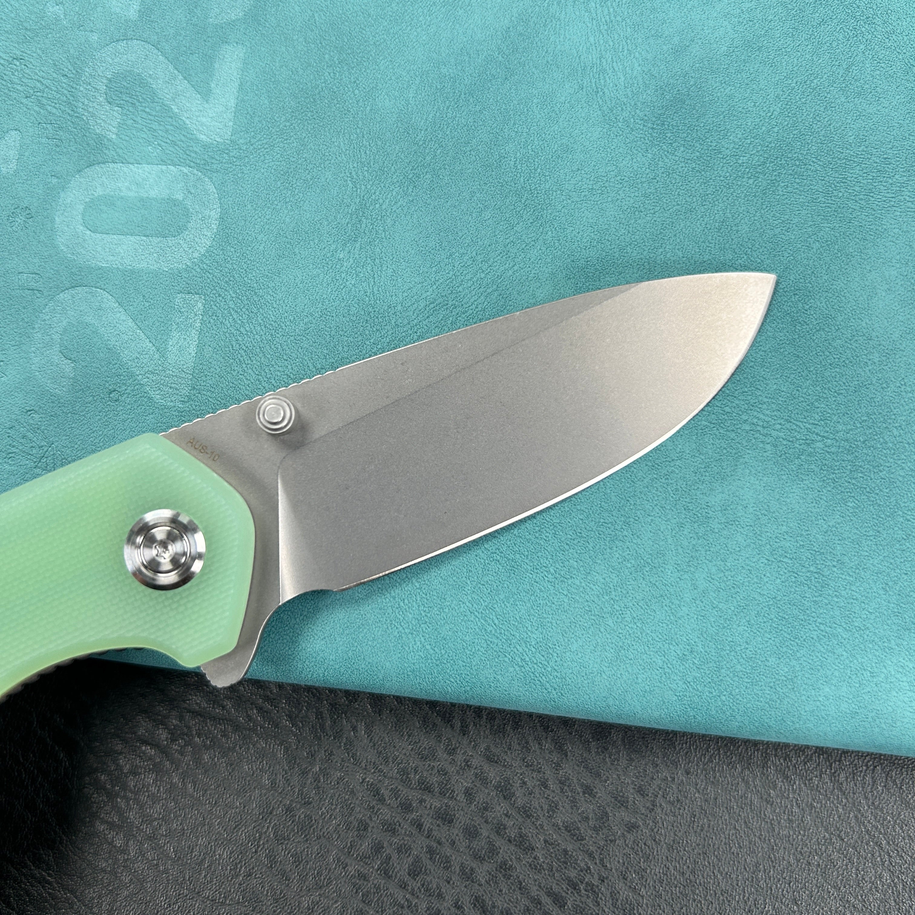 KUBEY KU342F Belus Thumb Stud Everyday Carry Pocket Knife Jade G10 Handle 2.95" Bead Blasted AUS-10 Blade