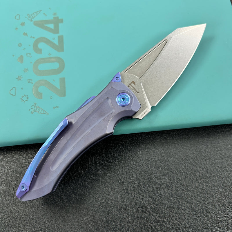 KB Knives KB400C Jake Hoback Design Sumo Button Lock Folding Knife Blue Titanium Handle 3.15" Stonewash CPM 20CV Blade