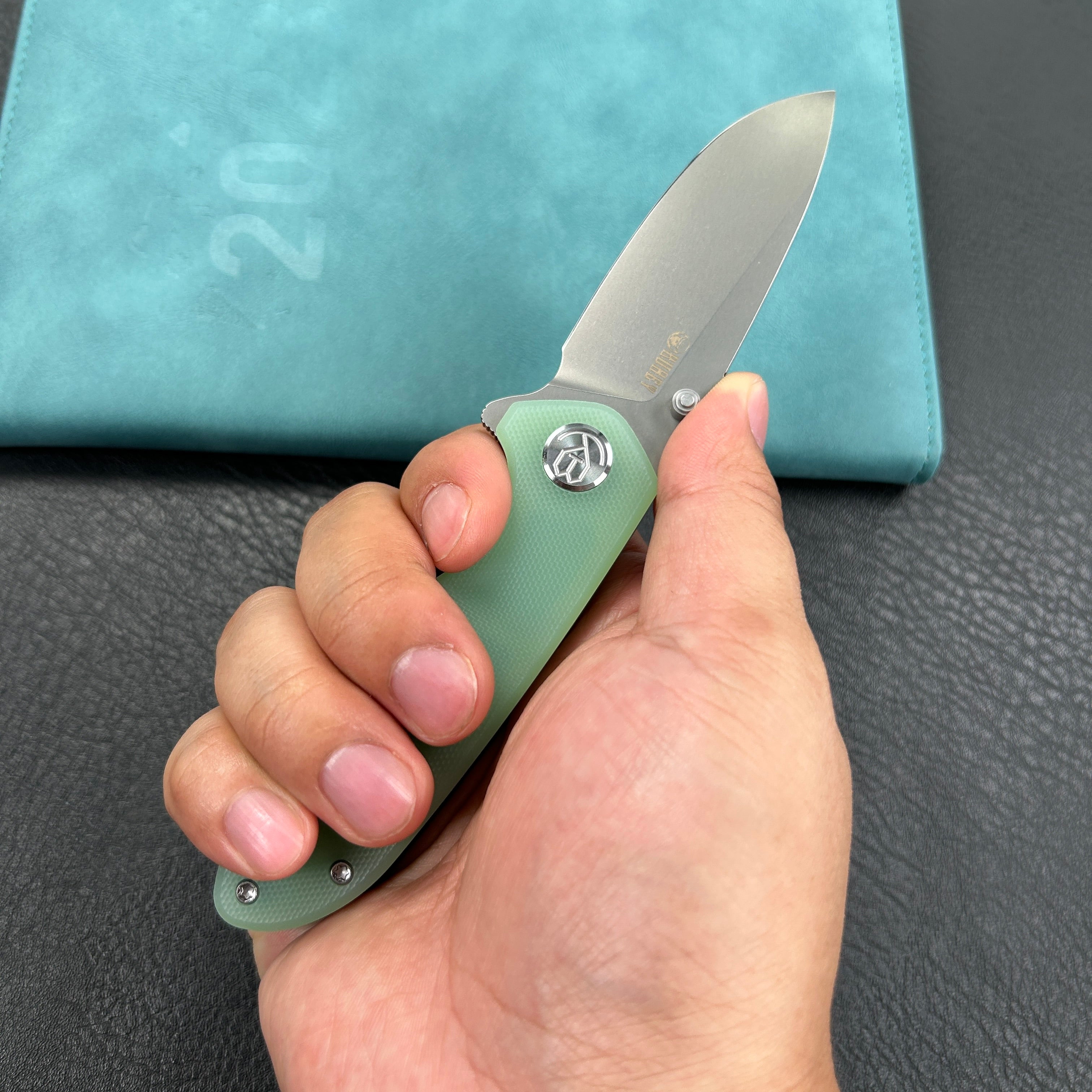 KUBEY KU342F Belus Thumb Stud Everyday Carry Pocket Knife Jade G10 Handle 2.95" Bead Blasted AUS-10 Blade