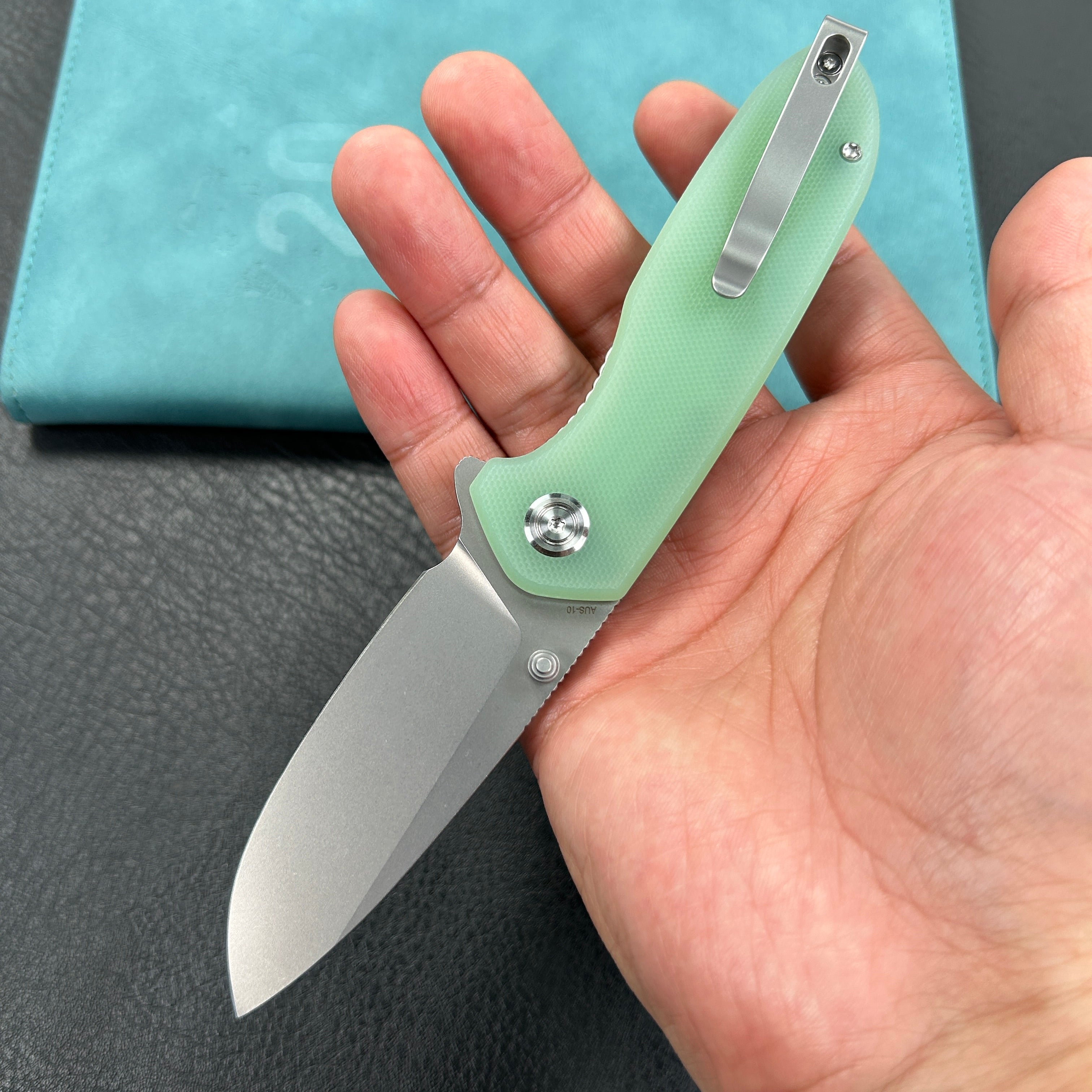 KUBEY KU342F Belus Thumb Stud Everyday Carry Pocket Knife Jade G10 Handle 2.95" Bead Blasted AUS-10 Blade